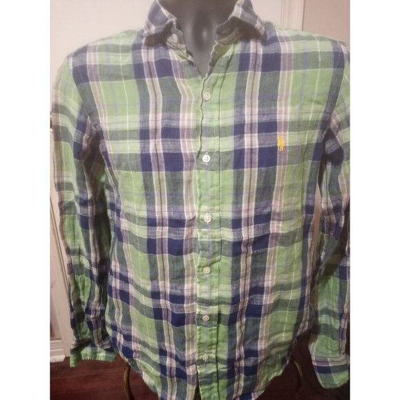 Polo Ralph Lauren Men’s Small Button Down Shirt Custom Fit Green Blue 100% Linen - Picture 1 of 12